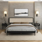 NTC Lupin Wooden Bed Frame with Headboard and Natural Rattan, Solid Oak Foundation with Silent Slats, 1000 Lb Capacity, Effortless Assembly, King - Burnt Black