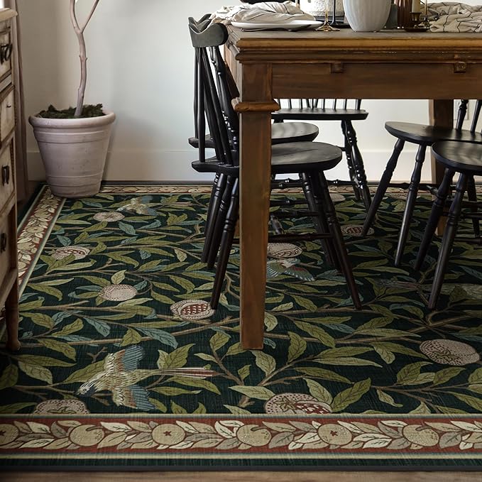 RUGGABLE x Morris & Co Washable Area Rug – Pomegranate Blue Green 8x10, Stain-Resistant, Non-Slip – Large Machine Washable Rugs for Living Room, Bedroom, Hallway, Entryway & Office–with Standard Pad