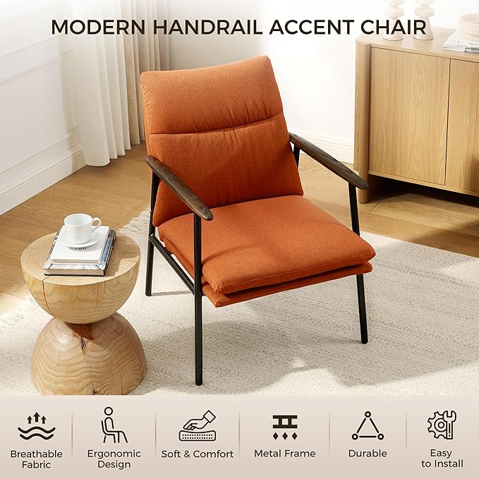Art Leon Accent Chairs Set of 2-Mid Century Modern Accent Chairs Fabric Reading Bedroom Chair Armchair Wooden Arms Metal Frame Living Room Chair for Bedroom, Caramel