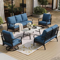 5 PCS Metal Outdoor Patio Furniture Set, Patio Conversation Set with 1 3-Seater Sofa, 2 Swivel Sofa, Coffee Table - Black & Blue