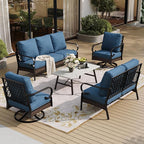 5 PCS Metal Outdoor Patio Furniture Set, Patio Conversation Set with 1 3-Seater Sofa, 2 Swivel Sofa, Coffee Table - Black & Blue