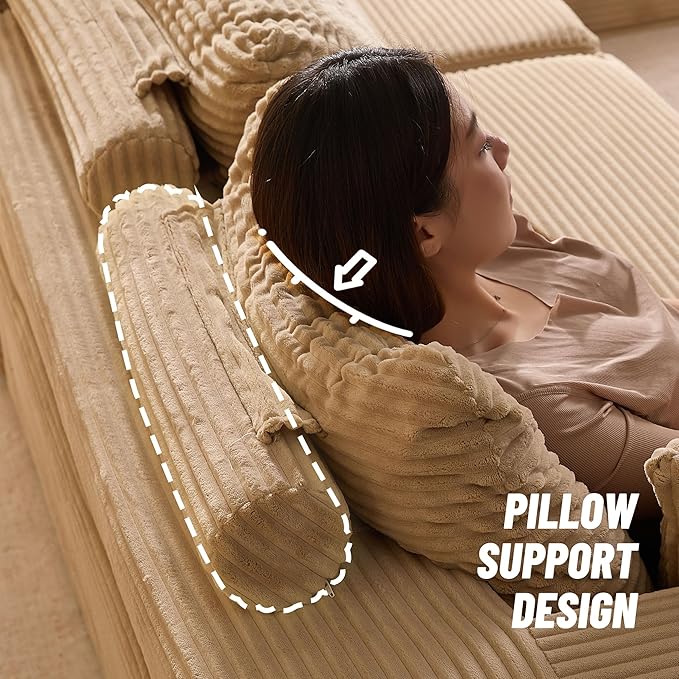 138" Boneless Couch with Deep Seat, Modular Sectional Sofa, Cloud Sectional Couch for Living Room, No Assembly Required, Corduroy, 4 Seater L-Shape Right, Camel