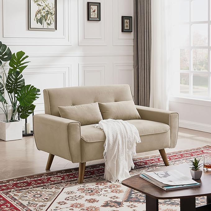 48" Small Loveseat Sofa, Mid Century Modern Love Seat with Back Cushions and Plastic Legs, 2 Seater Couches for Living Room, Bedroom, Small Spaces, Beige