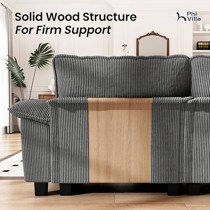 PHI VILLA Indoor Lounge Sofa Chair, One-Person Oversized Sectional Sofa with Ottoman, Single Chaise with Upholstered Deep Seat for Bedroom Reading, Corduroy Fabric, Grey