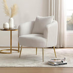 Art Leon Velvet Accent Chair, Upholstered Modern Single Sofa Chair, Comfy Barrel Chair with Golden Metal Legs for Living Room Bedroom, Off White