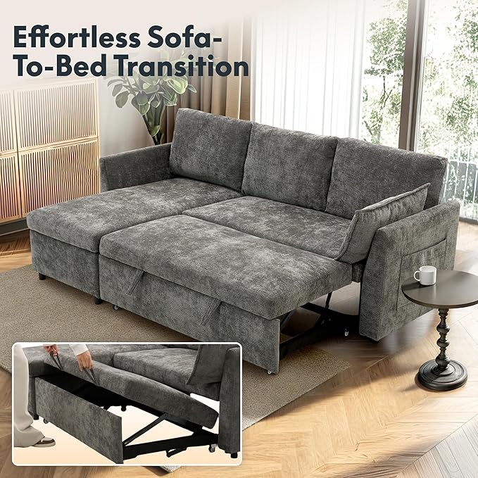 FLEXISPOT XB5 78" Pull Out Couch Bed with Storage Chaise,3-Seater Sectional Sofa Bed with USB Charging Ports, 2-in-1 Convertible Sofa Couch for Living Room Apartment, Easy to Assemble(Gray)