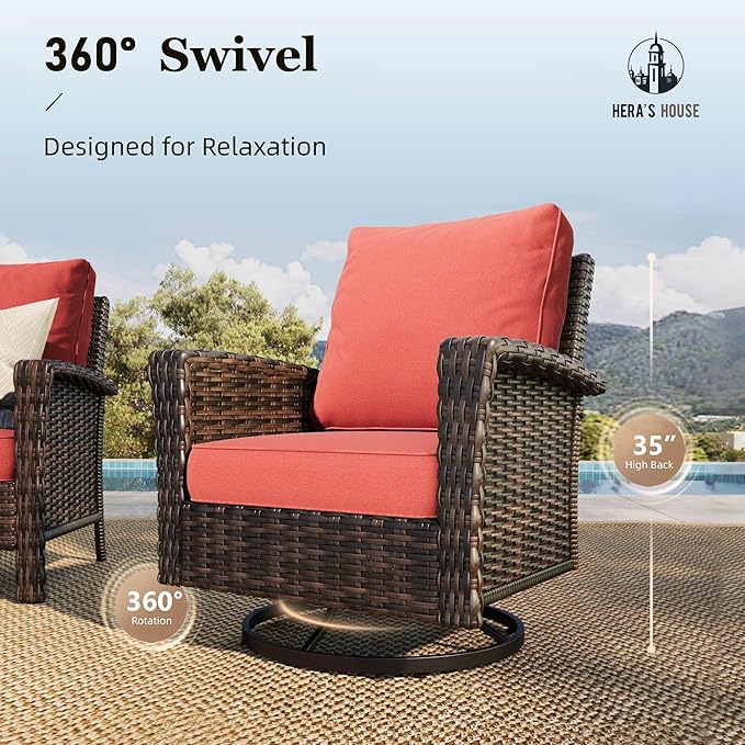 HERA'S HOUSE Red Patio Furniture Set, 35" High Back Swivel Chairs with 5.5" Waterproof Cushions, 4 Pieces Wicker Rattan Outdoor Conversation Sofa Sets for Deck Lawn Yard