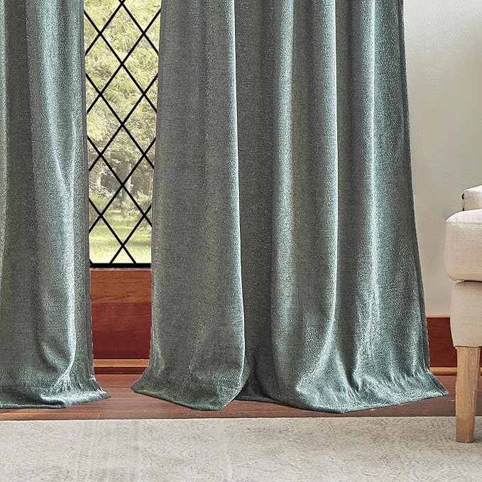 Martha Stewart Naples Chenille Solid Back Tab Window Curtain Panel Pair, 84", Olive Green