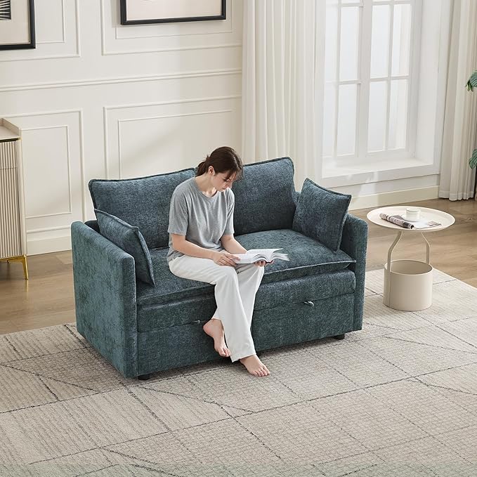 55" Cloud Modular Loveseat Sofa with Storage, Modern Upholstered Sofa Couch Small Love Seat，2 Seater Chenille Comfy Sectional Sofa with Armrests for Living Room, Small Space, Blue