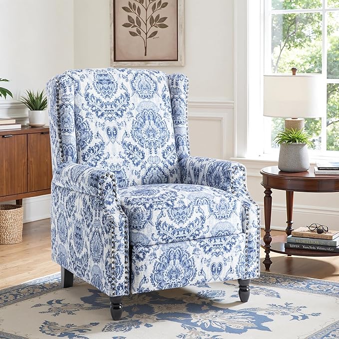 Recliner Chair, Upholstered Wingback Floral Pushback Armchair with Adjustable Backrest & Footrest, Comfy Accent Chair Reading Single Sofa for Small Spaces, Living Room, Bedroom (Navy Blue, Set of 1)