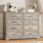 8 Drawer Dresser for Bedroom, 47" Wide Wooden Chest of Drawers, Rustic Farmhouse Dresser with Large Drawers & Metal Handles, Modern Storage Organizer for Closet, Living Room, Hallway, Grey