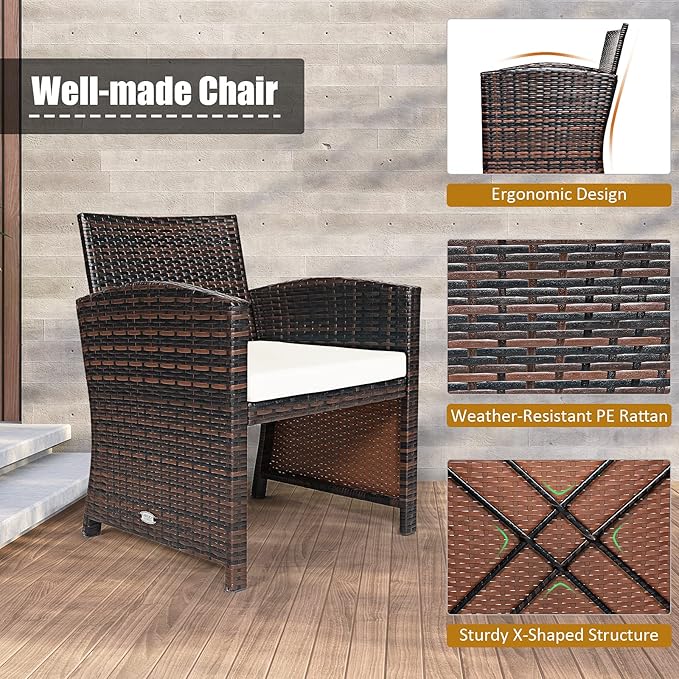 COSTWAY 3 Pieces Patio Furniture Sets, Outdoor Rattan Conversation Set with Tempered Glass Tabletop and Soft Cushion, Wicker Cushioned Chair Sofa for Backyard, Porch, Poolside, Lawn, White