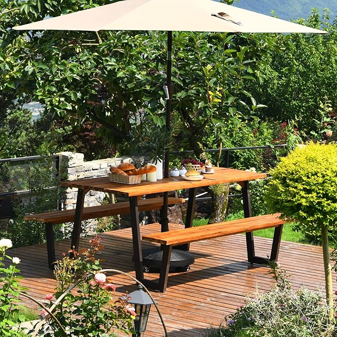 COSTWAY Acacia Wood Picnic Table, 70” Tabletop with Umbrella Hole, Strong Metal Frame, 6 Person Outdoor Picnic Table Bench Set for Patio, BBQ, Dining