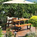 COSTWAY Acacia Wood Picnic Table, 70” Tabletop with Umbrella Hole, Strong Metal Frame, 6 Person Outdoor Picnic Table Bench Set for Patio, BBQ, Dining