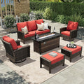 HERA'S HOUSE Red Patio Furniture Set, 6-Piece Outdoor Seating Conversation Sets with High Back Wicker Sofa, Swivel Chairs with 5.5" Thick Cushions, Fire Pit Table & Ottomans for Deck Yard Garden