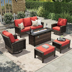 HERA'S HOUSE Red Patio Furniture Set, 6-Piece Outdoor Seating Conversation Sets with High Back Wicker Sofa, Swivel Chairs with 5.5" Thick Cushions, Fire Pit Table & Ottomans for Deck Yard Garden