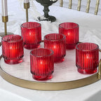 Kate Aspen Vintage Ribbed Red Glass Candle Holders Set of 6 - Votive & Tealight Candle Holder Decor for Holiday Table Decor, Christmas Dining Tablescape, Fall & Boho Home Accents (27206RD)