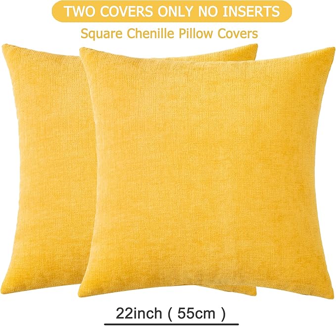 GAWAMAY Decorative Square Throw Pillow Covers 22"x22" Inch Set of 2, Super Soft Chenille Pillows Farmhouse Fall Pillowcase for Living Room Bedroom Sofa Couch Cushion Cover Mustard Yellow 55x55cm