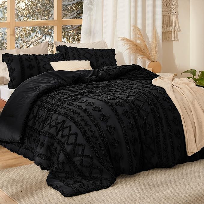 Bedsure Tufted Boho Comforter Set Twin Size - Black Boho Bed Set, GentleSoft™ 2 Pieces Farmhouse Shabby Chic Embroidery Bedding, Gifts for Woman, Soft Jacquard Twin Comforter for All Seasons