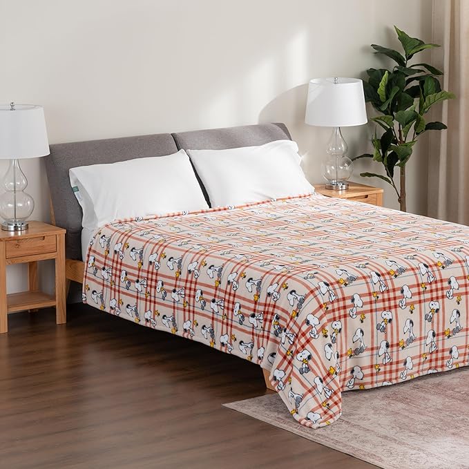 Berkshire Blanket Peanuts® VelvetLoft® Cute Character Snoopy Plush Blanket,Snoopy and Woodstock Wood Holiday Plaid Medium Tan,King 90 in x 108 in (Official Peanuts® Product)