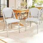 Martha Stewart Lily Pond Indoor-Outdoor Stackable Aluminum Bistro Chair with Gray Woodgrain Frame Finish and White/Gray Woven Rattan Backrest and Seat