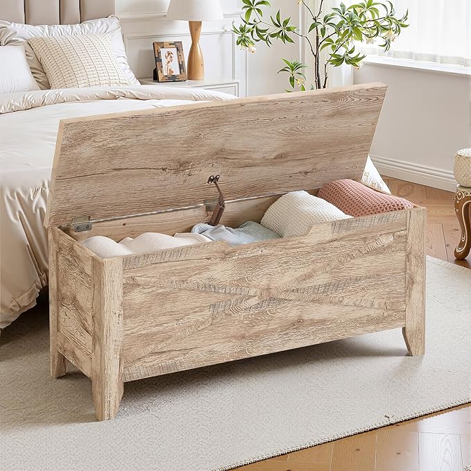 VECELO 43.3" Storage Bench, Entryway Shoe Ottoman, Farmhouse Style Bench with Handwoven Cushion and Metal Safety Hinges for Bedroom, Living Room, Entryway, Wood