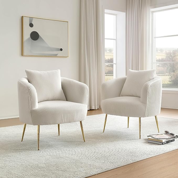 Art Leon Velvet Accent Chair, Upholstered Modern Single Sofa Chair, Comfy Barrel Chair with Golden Metal Legs for Living Room Bedroom, Off White