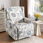 Premium 360° Swivel Recliner Chair with Footrest - Luxurious Cotton Linen & Botanical Design-Bule Plant