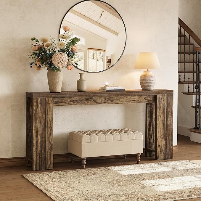 LITTLE TREE 70.9-Inch Long Entryway Table, Narrow Farmhouse Sofa Console Table for Living Room, Hallway, Walnut Brown