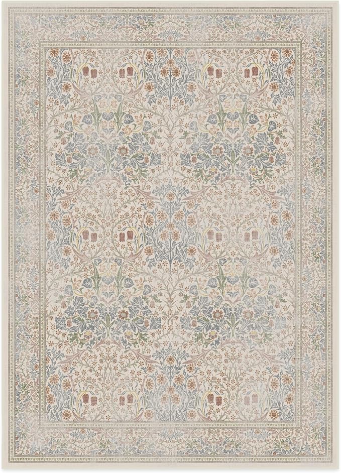 RUGGABLE x Morris & Co Washable Area Rug – Blackthorn Ivory Blue 5x7, Stain-Resistant, Non-Slip – Medium Machine Washable Rugs for Living Room, Bedroom, Hallway, Entryway & Office–with Standard Pad