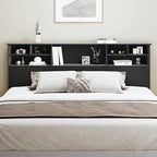 King Size Headboard only for Bedroom, Stylish King Bookcase Headboard with Built-in Charging Station & 2 LED Lights, Noise-Free Wood HeadBoard with Storage, Bookshelf Headboards Black