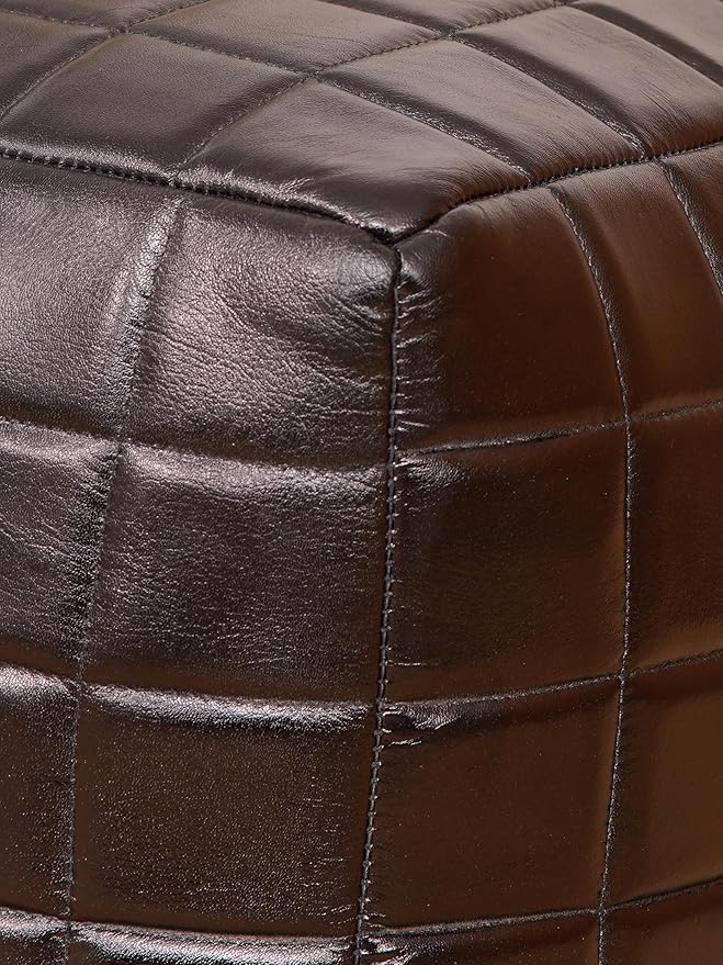 Handmade Eco-Friendly Geometric Leather Pouf Black Color Square 16" x 16" x 16" Goat Leather Pouf for Living Room, Bedroom Seating, Patio