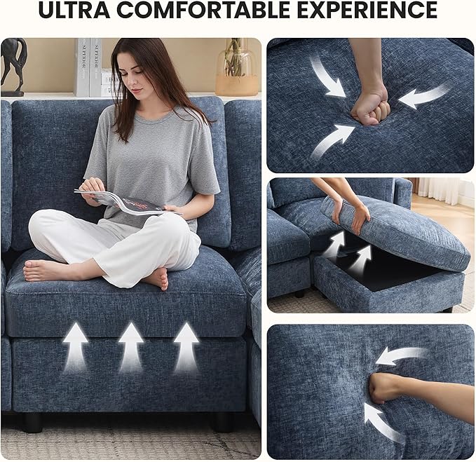 4-Seater Modular Sectional Cloud Sofa with Ottoman, Convertible L-Shaped Couch for Living Room, Modern Deep Seat Modular Sofa, Chenille Blue