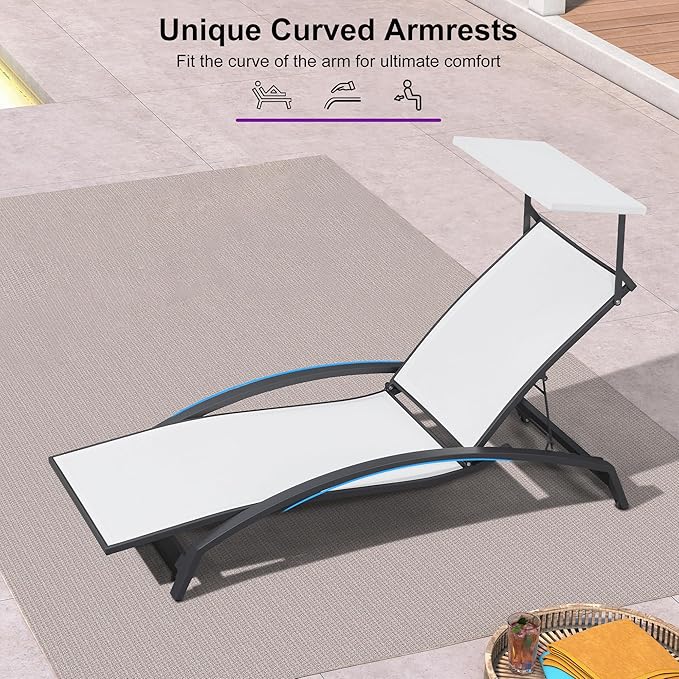 PURPLE LEAF Patio Lounge Chair with Canopy Shade Outdoor Chaise Lounge Chair Set of 2 for Lawn Poolside Backyard Sunbathing Tanning Chairs with Arm White