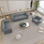 Home Sofa Living Room Furniture, 3 Seater Leather Upholstered Sofa Couch, Modern Comfy Couch with Faux Leather Cushions, Mid Century Tufted Chesterfield Sofas for Bedroom, Office, Apartment (Grey)