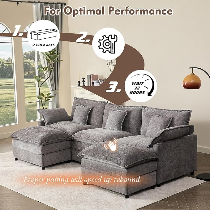 108" U Shaped Couch, Modular Sectional Sofa, 3-Seater Comfy Cloud Couch with Movable Ottoman, Deep Seat Couches for Living Room, Chenille, Slate