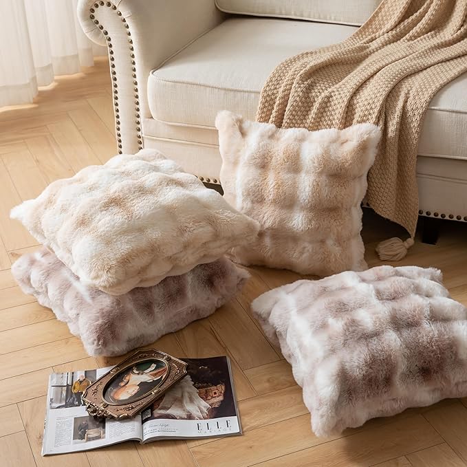 Pack of 2 Thick Plush Throw Pillow Covers Fluffy Wave Faux Fur Decorative Cushion Covers Soft Wool Pillowcase for Sofa Couch Livingroom 20x20 Inch White Taupe