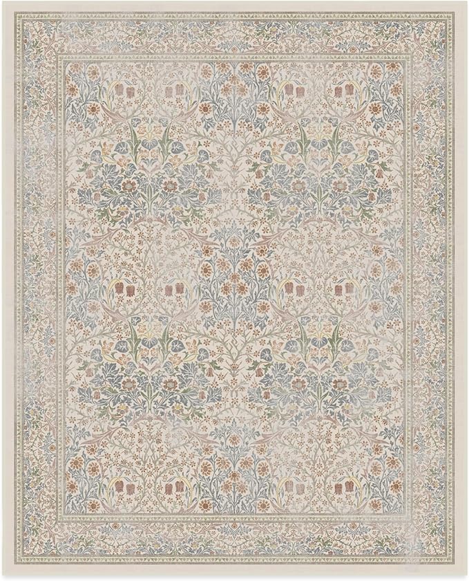 RUGGABLE x Morris & Co Washable Area Rug – Blackthorn Ivory Blue 8x10, Stain-Resistant, Non-Slip – Large Machine Washable Rugs for Living Room, Bedroom, Hallway, Entryway & Office–with Standard Pad