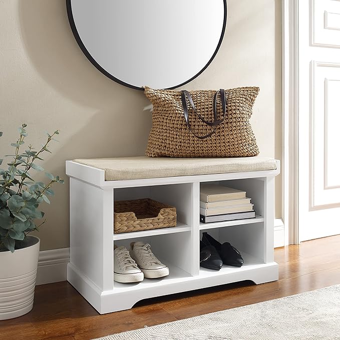 Crosley Furniture Anderson Entryway Storage Bench with Shoe Rack Organizer Shelves, White