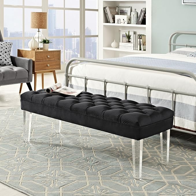 Modway Valet Tufted Button Performance Velvet Upholstered Bedroom Or Entryway Bench with Acrylic Legs in Black