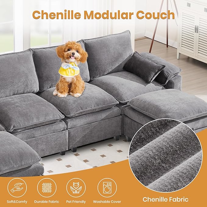 130" U Shaped Modular Sectional Sofa, Couch with Ottoman Storage, Chenille Cloud Couch with Plush Deep Seating for Living Room, Bedroom (7 Seat, Light Grey)