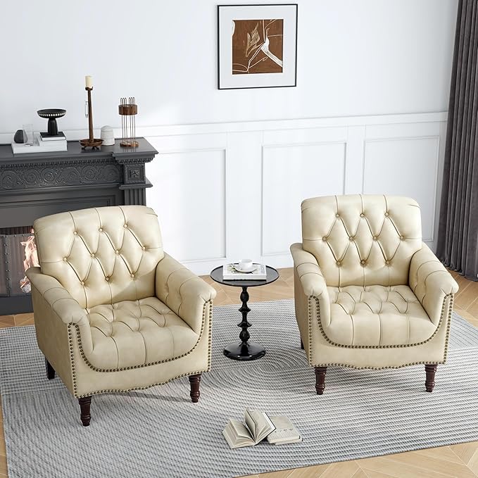 UIXE Faux Leather Accent Chairs Set of 2, Comfy Club Chair Upholstered Armchair for Living Room, Button Tufted Arm Chair Retro Single Sofa Side Reding Seat for Bedroom - Beige