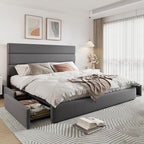 Allewie Modern King Size Platform Bed Frame with 4 Storage Drawers and Velvet Upholstered Headboard, Wooden Slats Support, Upholstered Mattress Foundation/No Box Spring Needed/Easy Assembly, Grey