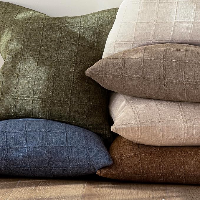 Foindtower Set of 2 Decorative Linen Check Throw Pillow Covers Neutral Farmhouse Vintage Cushion Covers Modern Boho Home Decor for Sofa Chair Couch Bedroom Living Room,20×20 Inch,Tan Taupe