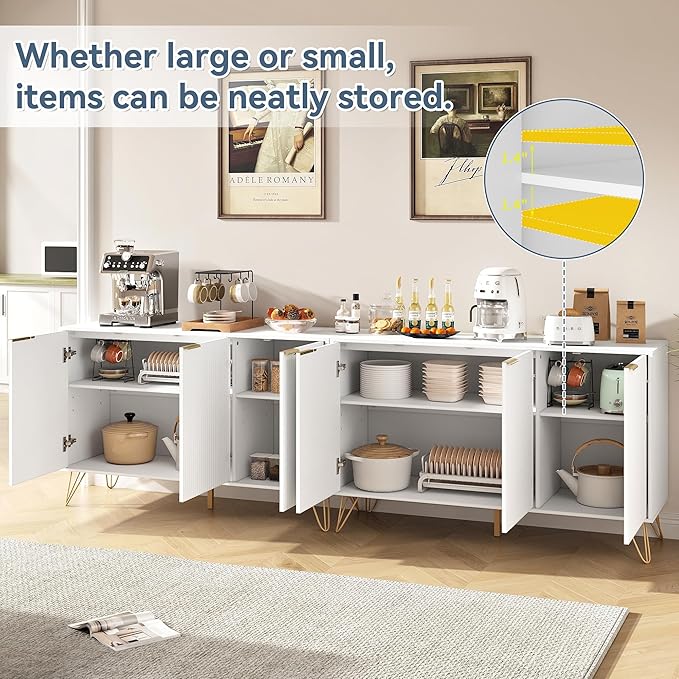 Fluted Buffet Cabinet,Wooden Console Storage with 3 Doors and Adjustable Shelves,White Sideboard for Entryway,Kitchen,Bathroom,Home Office