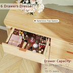 Fluted 6 Drawers Dresser for Bedroom, Mid Century Modern Chests of Drawers, Curved Profile Design, Wide Wood Storage Dresser for Entryway, Hallway, Oak