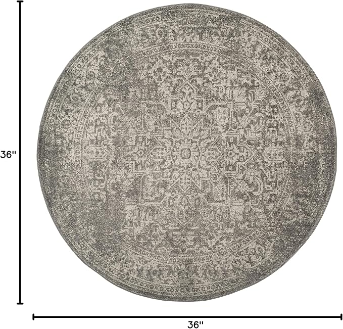 SAFAVIEH Evoke Collection Area Rug - 3' Round, Silver & Ivory, Distressed Design, Non-Shedding & Easy to Clean, Ideal for Foyer, Bedroom, Accent Space (EVK256S)