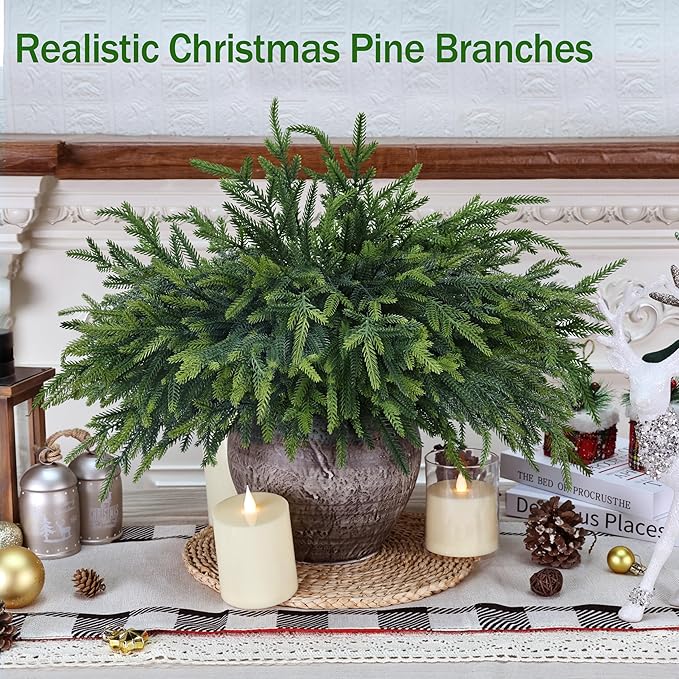 50 Pcs Christmas Greenery Pines Branch Pine Branches Artificial Green Pine Stem - Real Touch for Vase DIY Crafts Flower Arrangement Home Indoor Christmas Decor(18 Inch)