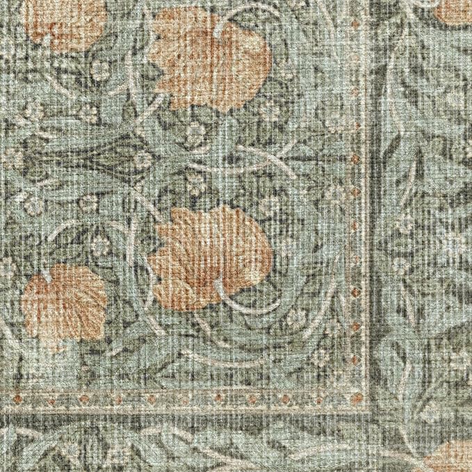 RUGGABLE x Morris & Co Washable Area Rug – Pimpernel Vintage Green 4x6, Stain-Resistant, Non-Slip – Medium Machine Washable Rugs for Living Room, Bedroom, Hallway, Entryway & Office–with Standard Pad