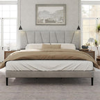 King Size Bed Frame with Fabric Upholstered Headboard, Platform Bed with Wooden Slats Support, Fully Mattress Foundation, Box Spring Optional, Easy Assembly